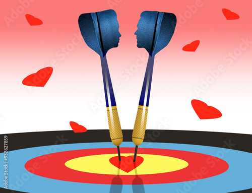 Two darts, look male and female and are on traget in their love relationship or marriage by hitting a bullesye together on a traget, This is a 3-d illustration. photo