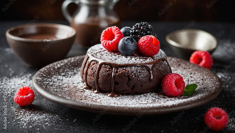 Chocolate lava cake with molten center, topped with powdered sugar and fresh berries. Chocolate lava cake with molten center, topped with powdered sugar and fresh berries.