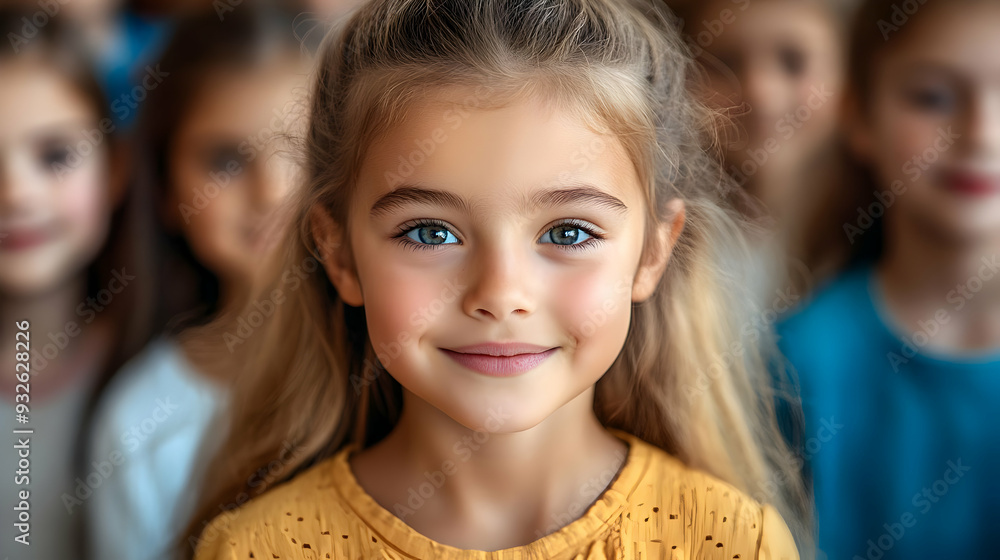 A girl smiling in front of a group of children. A girl smiling in front of a group of children.