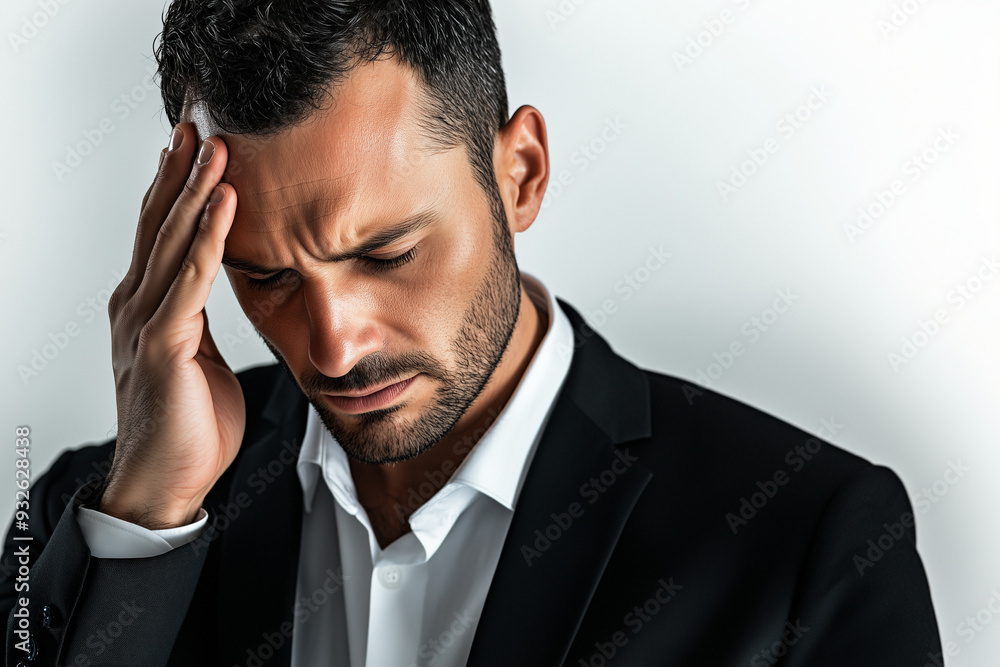 A businessman suffering from pain and holding his hand on his temple stress, pain, headache, work overload and overthinking mental health concepts. a close-up portrait A businessman suffering from pain and holding his hand on his temple stress, pain, headache, work overload and overthinking mental health concepts. a close-up portrait