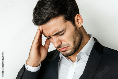 A businessman suffering from pain and holding his hand on his temple stress, pain, headache, work overload and overthinking mental health concepts. a close-up portrait