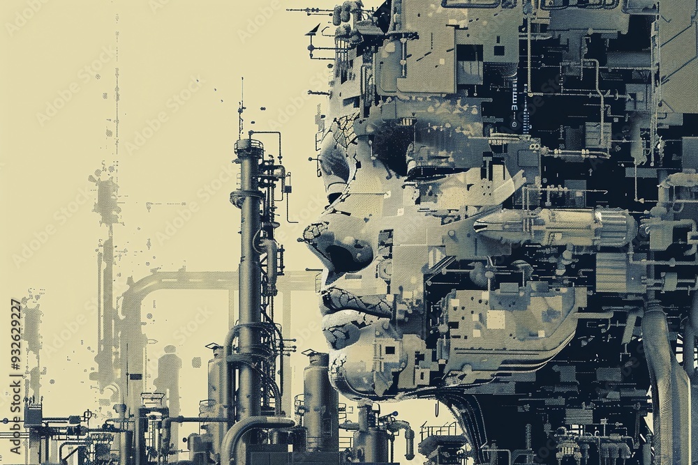 Fototapeta premium ai generative abstract face blends with factory