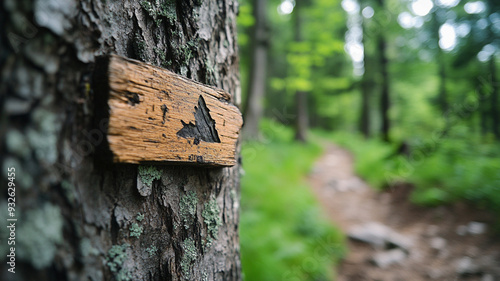 A weathered trail marker on tree in lush forest, evoking sense of adventure and exploration.