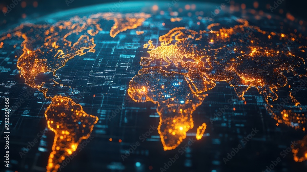 Fototapeta premium A computer generated image of the world with a blue background and orange lights. The image gives off a futuristic and technological vibe