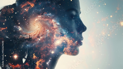 Galactic Fusion: A Double Exposure of Woman and Universe Creating a Peaceful Mindset through Contemplative Philosophy and Abstract Mentation