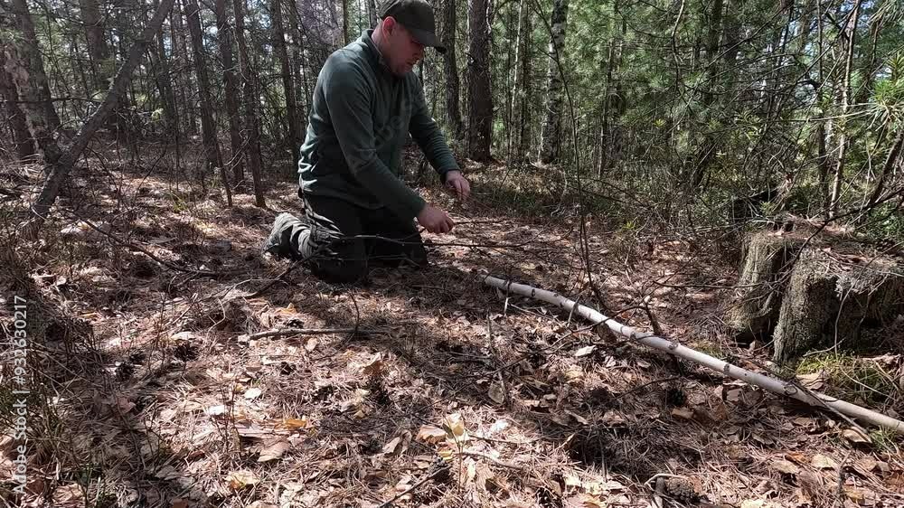 a man in the forest cuts branches with a knife a man in the forest cuts branches with a knife