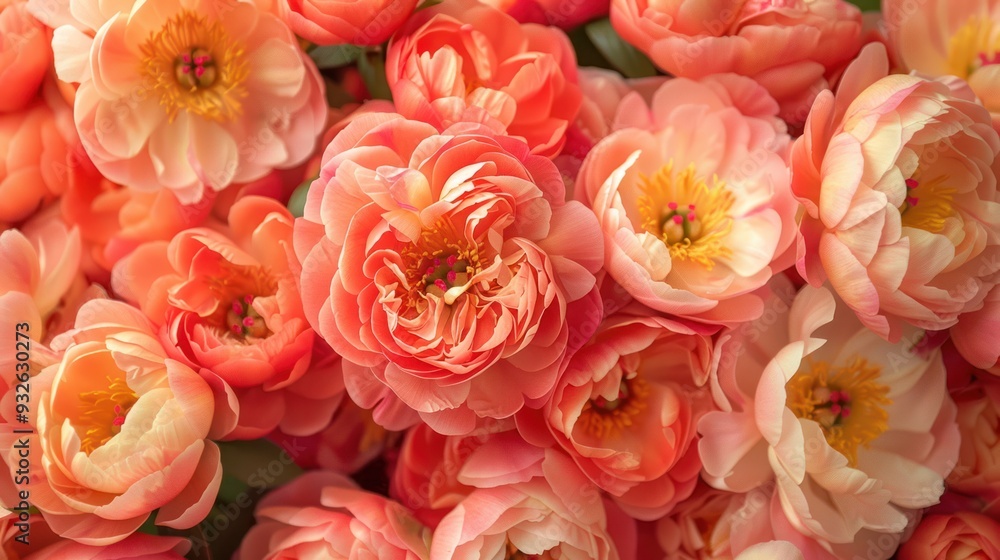 Vibrant Coral Peony Blooms in Close-Up Against Soft Floral Background Vibrant Coral Peony Blooms in Close-Up Against Soft Floral Background