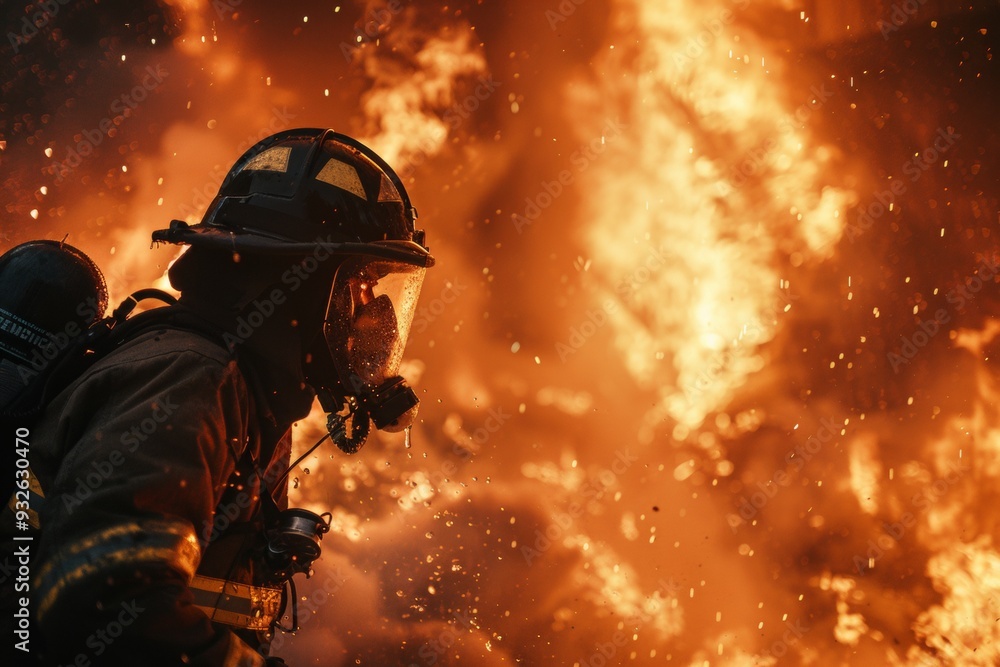 A firefighter is spraying water on a burning building A firefighter is spraying water on a burning building