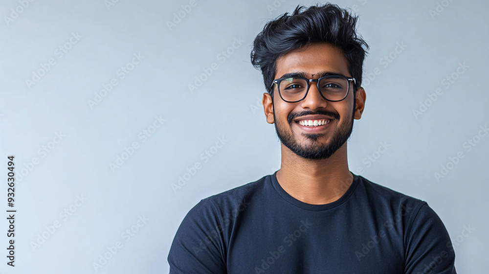 Obraz premium A young Indian man smiling and standing against a white background.