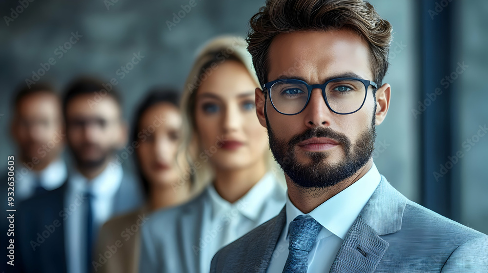 A group of professionals in formal attire, focused on the camera. A group of professionals in formal attire, focused on the camera.