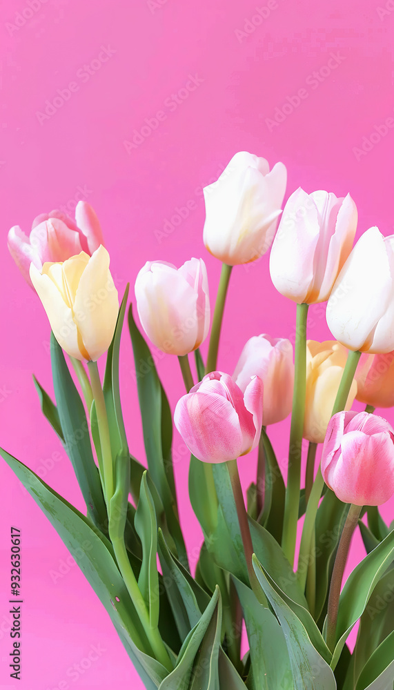 A Bouquet of Pink, White, and Yellow Tulips Against a Vibrant Pink Background A Bouquet of Pink, White, and Yellow Tulips Against a Vibrant Pink Background