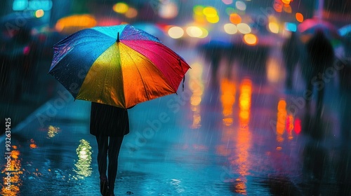 Wallpaper Mural A person holding a colorful umbrella, walking through a rain-soaked street with reflections of neon lights on the wet pavement. Torontodigital.ca