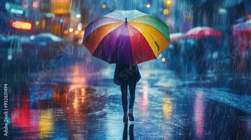 Wallpaper Mural A person holding a colorful umbrella, walking through a rain-soaked street with reflections of neon lights on the wet pavement. Torontodigital.ca