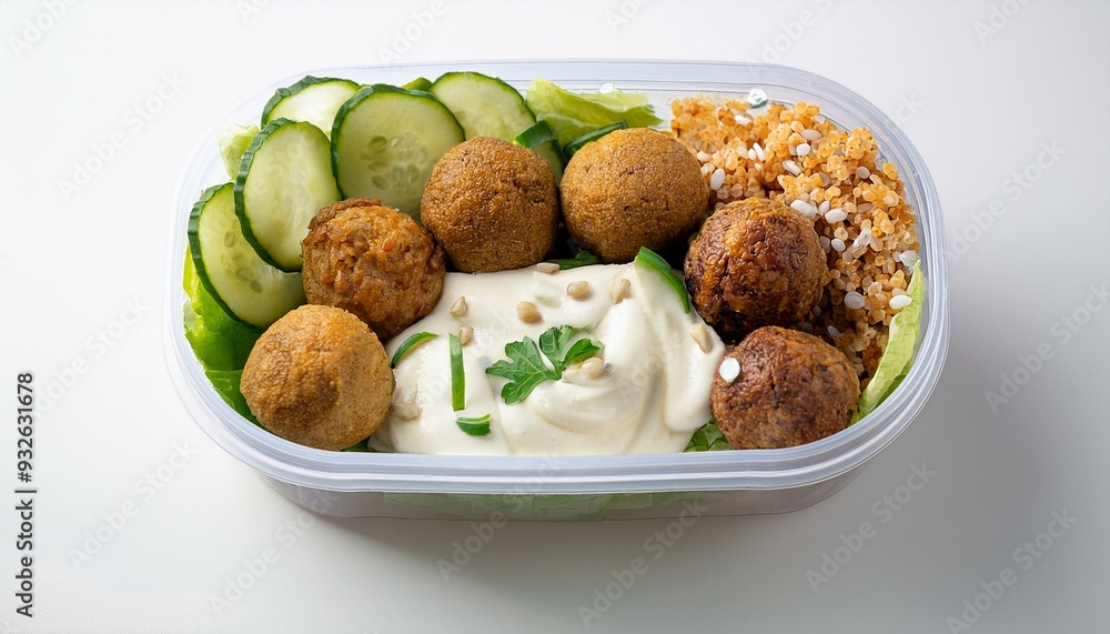 A container featuring falafel, tzatziki, cucumber salad, and a side of bulgur wheat, against A container featuring falafel, tzatziki, cucumber salad, and a side of bulgur wheat, against