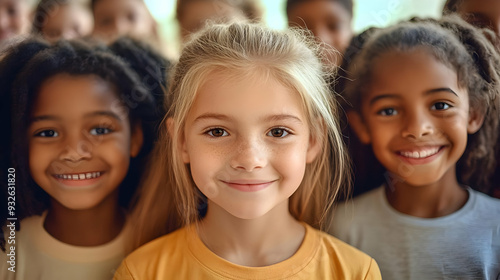 A group of smiling children with diverse hairstyles and expressions.