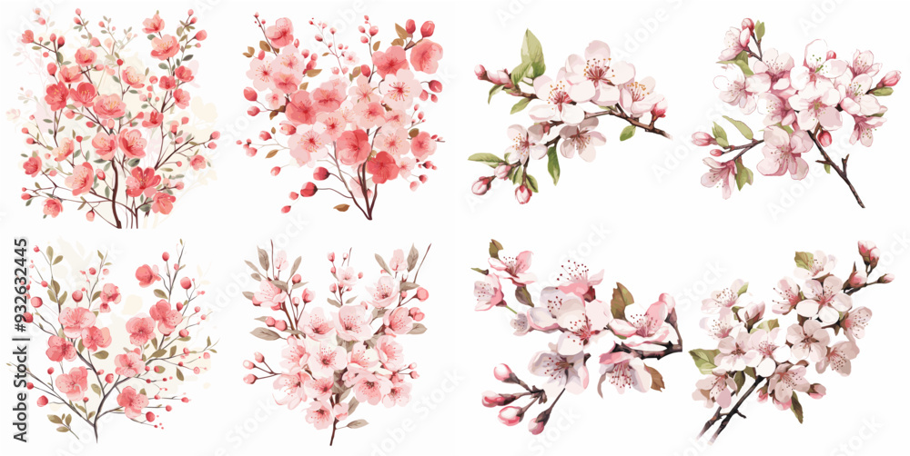 A set of four watercolor paintings of flowers, each with a different color scheme. The paintings are all of cherry blossoms, with some having a more vibrant and bold color palette A set of four watercolor paintings of flowers, each with a different color scheme. The paintings are all of cherry blossoms, with some having a more vibrant and bold color palette