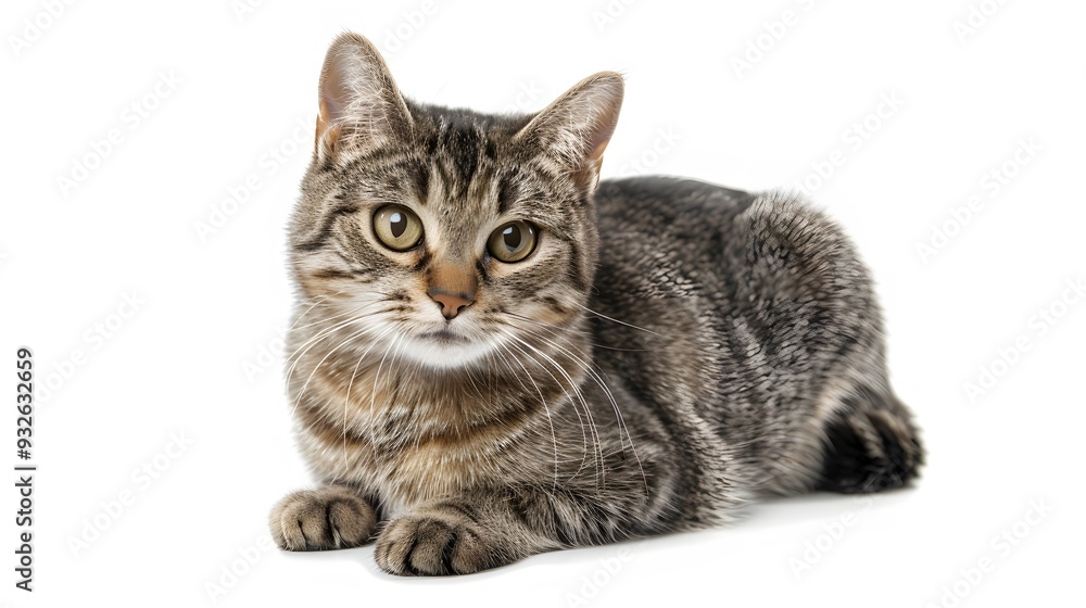 Fototapeta premium Grey stripped mixed-breed cat sitting, isolated on white. 