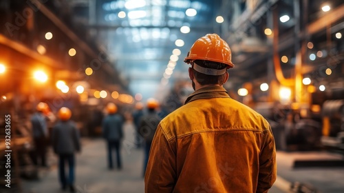 Workers in Helmets and Uniforms Navigating a Busy Steel Factory. Capturing the Dynamic Atmosphere of a Large Industrial Plant with Heavy Machinery