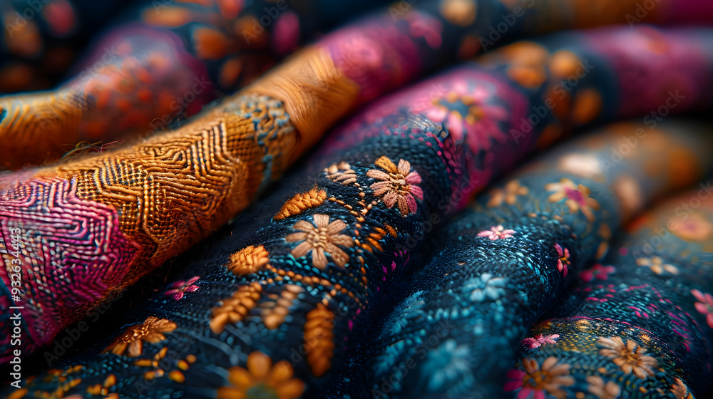 Fototapeta premium Close-Up of Embroidered Fabric with Colorful Patterns - Photo
