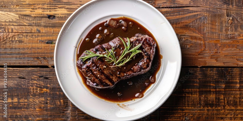 Cube Steak with Balsamic Onion Gravy in White Bowl on Wooden Table Top View Flat Lay Cube Steak with Balsamic Onion Gravy in White Bowl on Wooden Table Top View Flat Lay