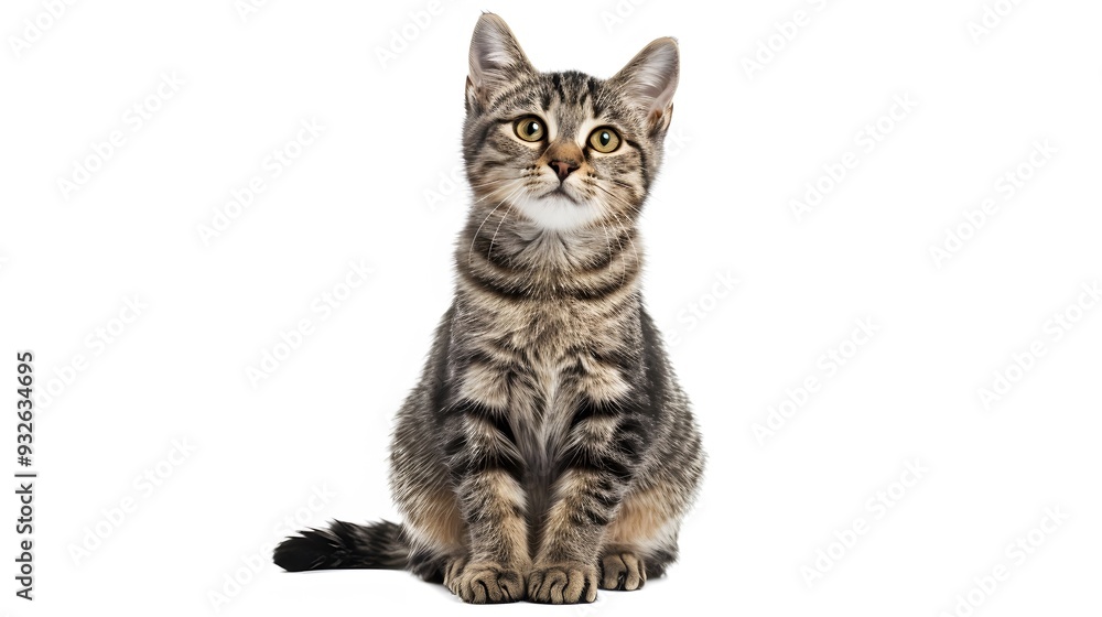 Obraz premium Grey stripped mixed-breed cat sitting, isolated on white. 