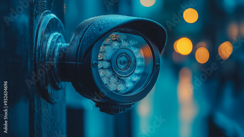 A camera is mounted on a pole. The camera is black and has a bright light on it