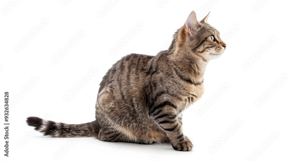 Fototapeta premium Grey stripped mixed-breed cat sitting, isolated on white.