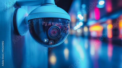 A camera is mounted on a wall in a dark room. The camera is pointed at the viewer