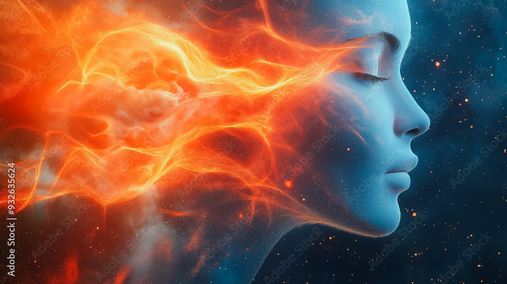 A woman's face is surrounded by a fiery orange cloud. Concept of energy and passion, as if the woman is channeling her inner fire. The bright orange color contrasts with the dark blue background A woman's face is surrounded by a fiery orange cloud. Concept of energy and passion, as if the woman is channeling her inner fire. The bright orange color contrasts with the dark blue background