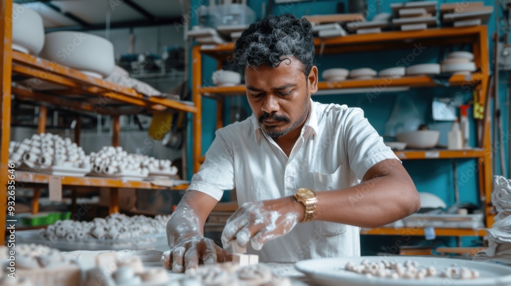 The Artist's Touch: Focused Indian artisan meticulously crafts clay figurine in his workshop, surrounded by tools and his creations. The Artist's Touch: Focused Indian artisan meticulously crafts clay figurine in his workshop, surrounded by tools and his creations.