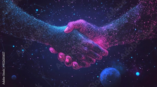 Abstract image of Business handshake in the form of a starry sky or space, consisting of points, lines, and shapes in the form of planets, stars and the universe. Vector best deal. Dark blue backgroun