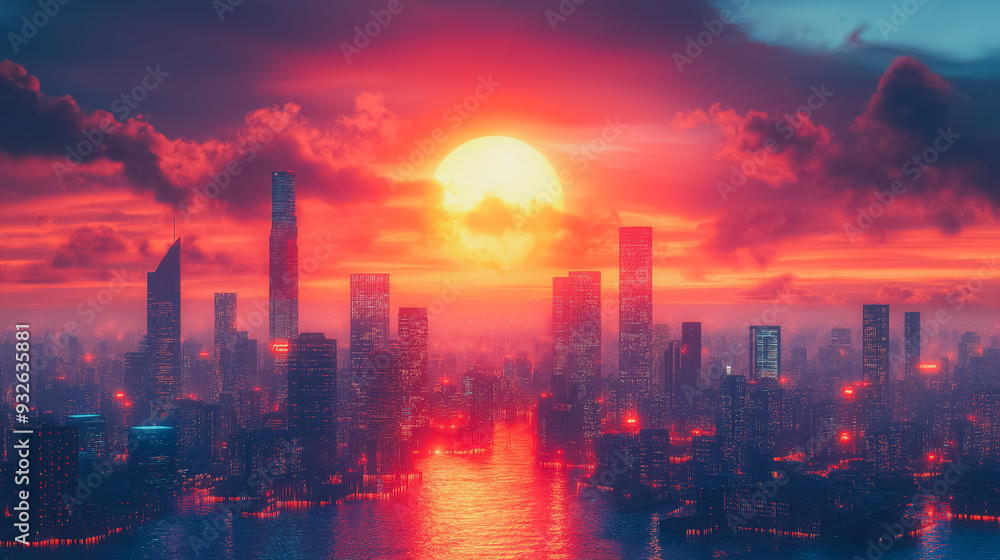 A city skyline with a large red sun in the sky. The sun is setting and the sky is filled with clouds. The city is lit up with lights, creating a warm and inviting atmosphere A city skyline with a large red sun in the sky. The sun is setting and the sky is filled with clouds. The city is lit up with lights, creating a warm and inviting atmosphere