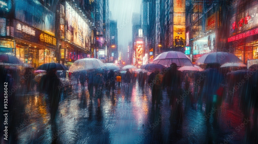 An urban scene with people huddled under umbrellas, the rain blurring the hustle and bustle of city life. An urban scene with people huddled under umbrellas, the rain blurring the hustle and bustle of city life.