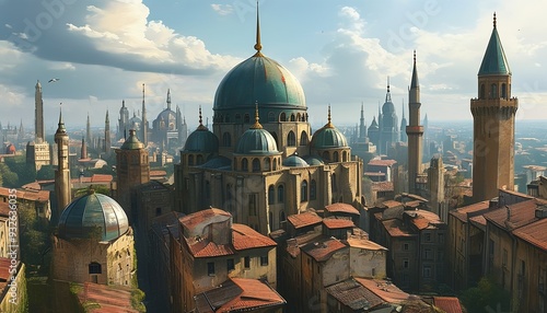 The towering building with unique domes and spire on the top reveals the unique style of the city. #932636035