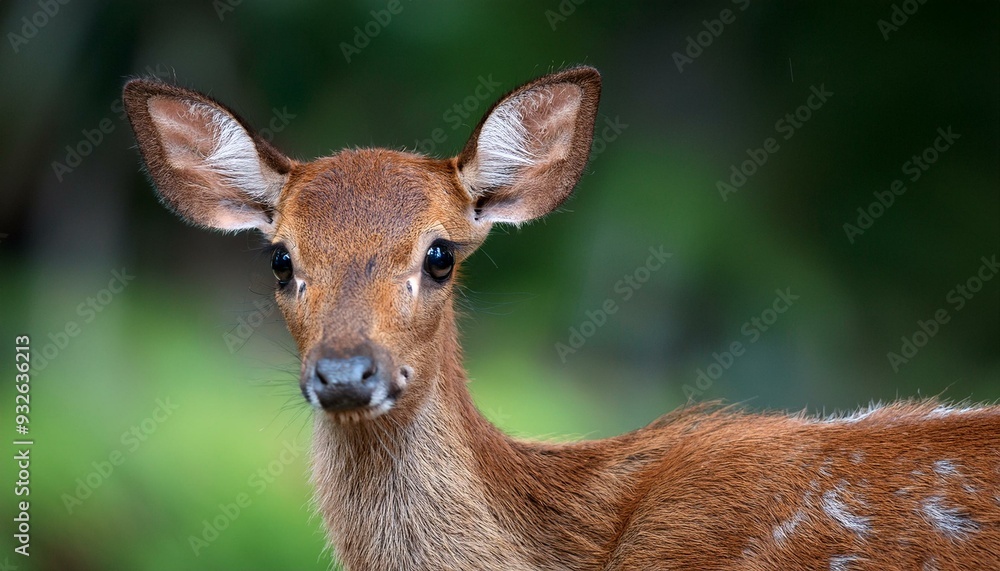 The fawn’s big, trusting eyes are central. The background is a gentle blur of greenery, leav The fawn’s big, trusting eyes are central. The background is a gentle blur of greenery, leav