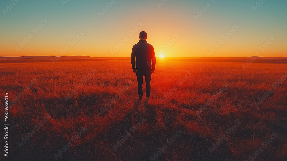 A man stands in a field of tall grass, looking out at the sunset. The scene is peaceful and serene, with the man's silhouette against the orange sky creating a sense of solitude and contemplation A man stands in a field of tall grass, looking out at the sunset. The scene is peaceful and serene, with the man's silhouette against the orange sky creating a sense of solitude and contemplation