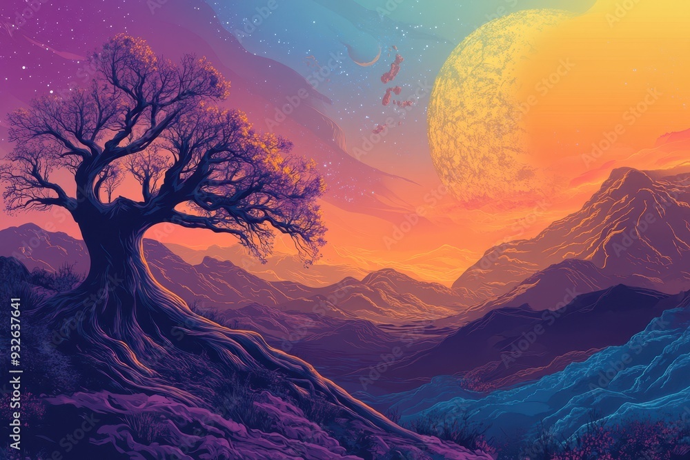 A Lonely Tree on a Mountain Range with a Distant Planet and Stars A Lonely Tree on a Mountain Range with a Distant Planet and Stars
