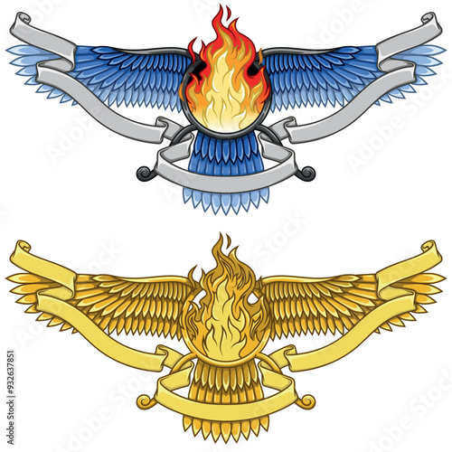 Zoroastrian winged solar disk with fire and ribbon