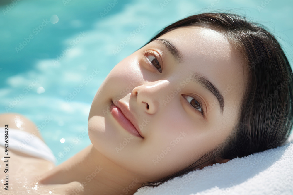 Naklejka premium Chinese woman relaxing on edge of swimming pool in a hotel resort