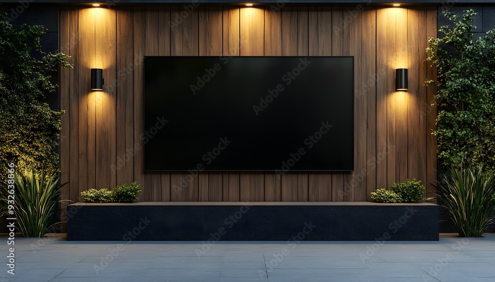 Black blank TV screen mockup on a wooden wall with LED lighting, close-up view. Black blank TV screen mockup on a wooden wall with LED lighting, close-up view.