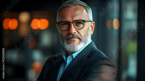 A mature man with glasses and a beard, posing confidently indoors.