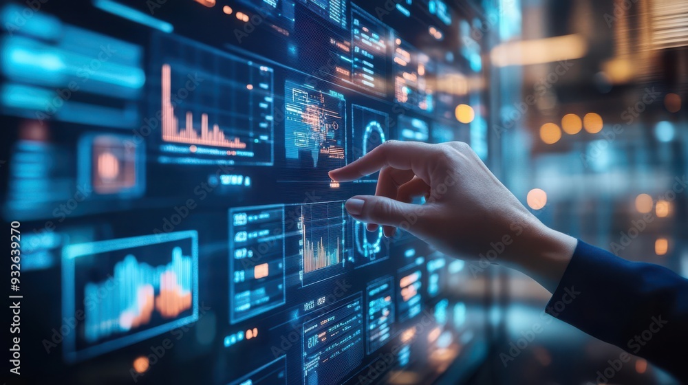A hand is pointing at a computer screen with a lot of numbers and graphs. Concept of focus and concentration as the person is trying to understand the data displayed on the screen A hand is pointing at a computer screen with a lot of numbers and graphs. Concept of focus and concentration as the person is trying to understand the data displayed on the screen