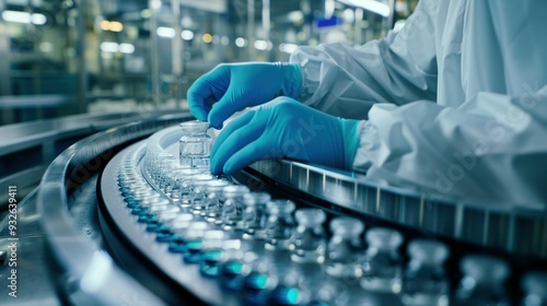 Sterile-Gloved Scientist Inspects Vials on Conveyor Belt in Drug Manufacturing Facility - AI-Generated