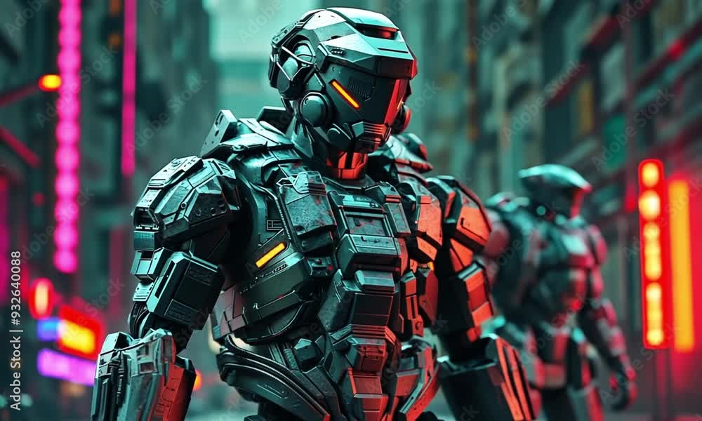 A futuristic robot in a cyberpunk setting with glowing elements. A futuristic robot in a cyberpunk setting with glowing elements.