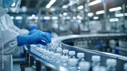 Scientist in Sterile Gloves Examines Medical Vials on Conveyor Belt in Pharmaceutical Manufacturing Facility - AI-Generated