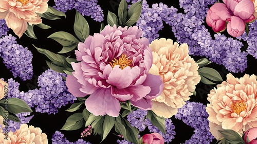 Fototapeta Naklejka Na Ścianę i Meble -  Seamless floral pattern with pink peonies and lilac branches on a black background.