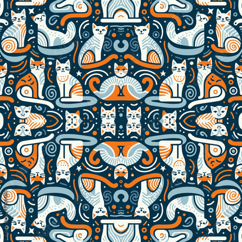 Playful geometric cat design in blue, orange, and white tones, ideal for fabrics.