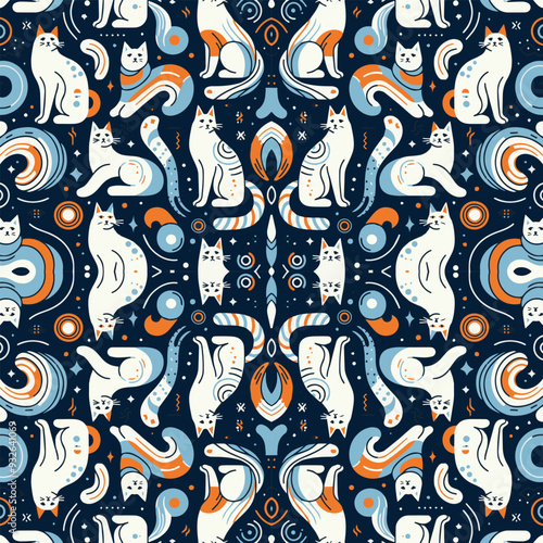 Seamless cat pattern with abstract shapes, perfect for textiles and wallpapers.