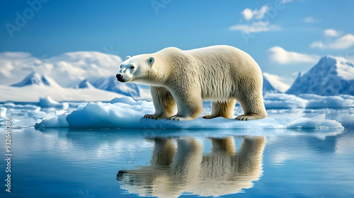 A polar bear standing on an ice floe in a serene Arctic landscape.