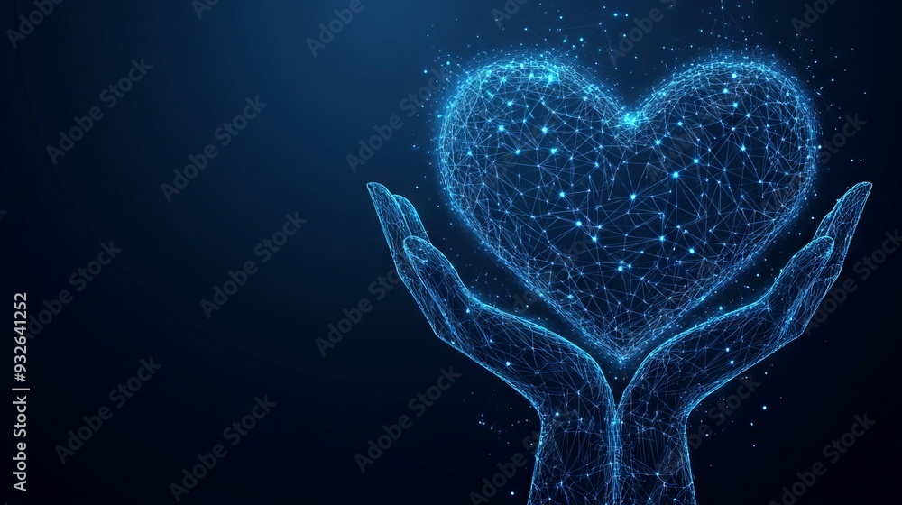 Abstract vector 3d human hands holding or giving heart symbol in dark blue. Charity, volunteering, social care concept. Digital low poly mesh wireframe with connected dots, lines, stars and shapes Abstract vector 3d human hands holding or giving heart symbol in dark blue. Charity, volunteering, social care concept. Digital low poly mesh wireframe with connected dots, lines, stars and shapes